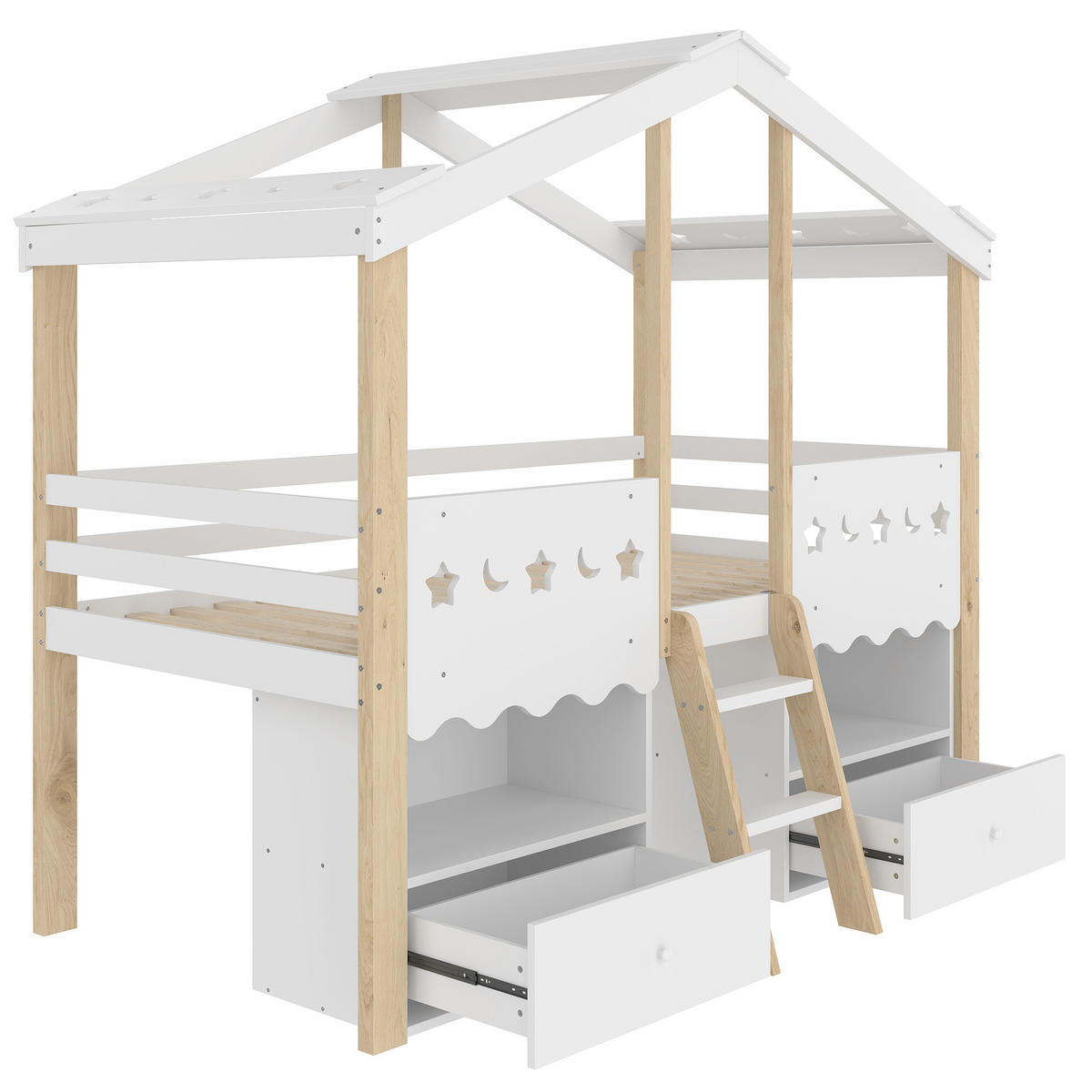 HOCHBETT 90/200 cm Hausform mit 2 Schubladen und LED-Beleuchtung in Weiß + Natur - Weiß, Holz (90/200cm) - OKWISH