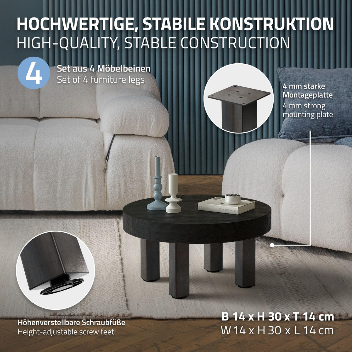 TISCHBEINE 4er Set I-Design H:30 cm Industrial 8x8 cm - Dunkelgrau, Metall (14/30/14cm) - ML-DESIGN