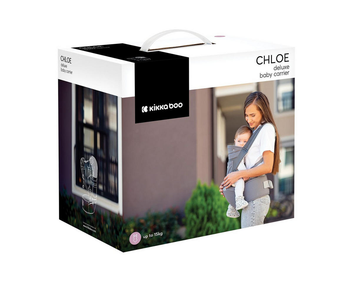 BABYTRAGE Chloe 3 in 1 schwarz weiß Hüftsitz, 8 Tragepositionen, Bauch- und Rückentrage, ab 5 Monate - Schwarz, Textil (25/15/39cm) - Kikka boo