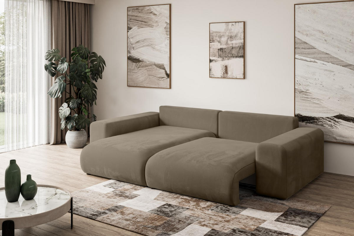 ECKSOFA mit Schlaffunktion und Bettkasten ESKAR-L 256x165x84cm Braun Velours - Schwarz/Braun, Holzwerkstoff/Kunststoff (165/256cm) - ALTDECOR