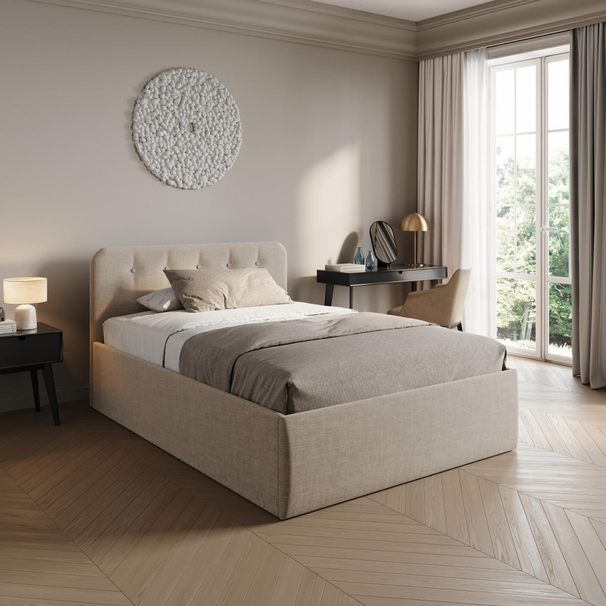 POLSTERBETT mit verstellbarem Lattenrost & Bettkasten, Kaltschaummatratze, 120 x 200 cm in Creme - Creme, Holzwerkstoff/Textil (120/200cm) - Home Collective