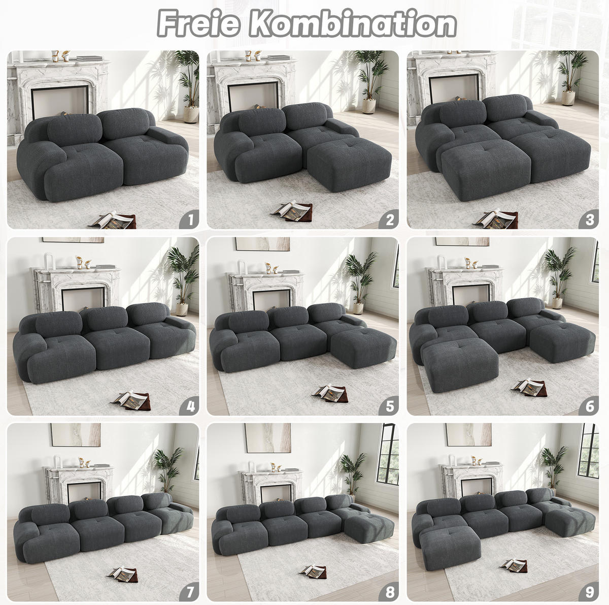 ECKSOFA 208/178/75 cm grau aus Cordstoff modular, rahmenlos und montagefrei - Grau, Textil (178/208cm) - OKWISH