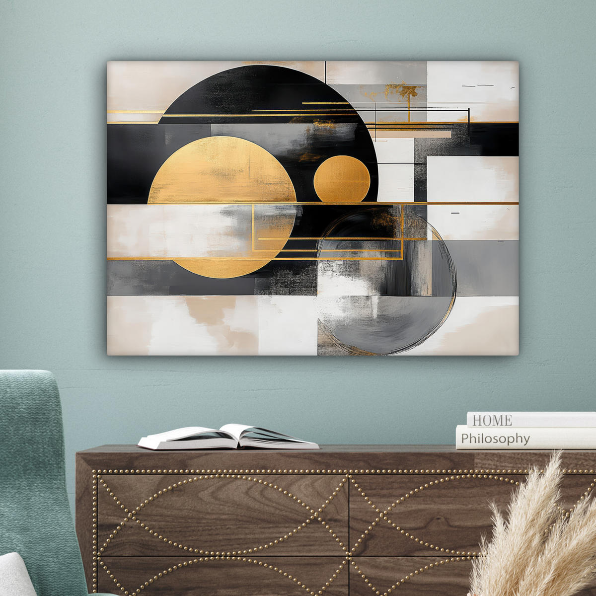 LEINWANDBILD Abstrakt - Gold - Silber - Formen - Ästhetisch - Modern Wandbilder 80x60 cm - Goldfarben, Textil (80/60cm) - MuchoWow