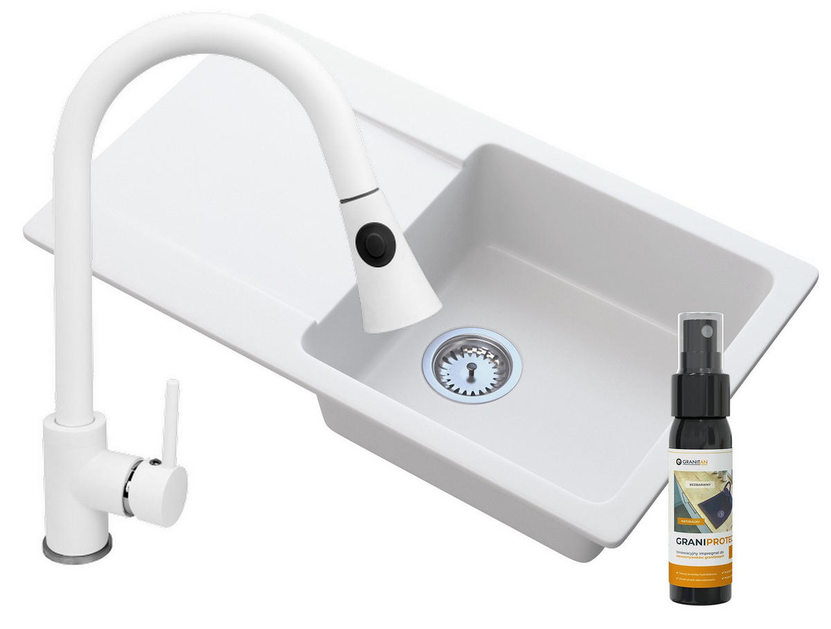 SPÜLBECKEN Trendy mit Batterie Siphon - Weiß, Kunststoff/Stein (76/44/16cm) - Granitan