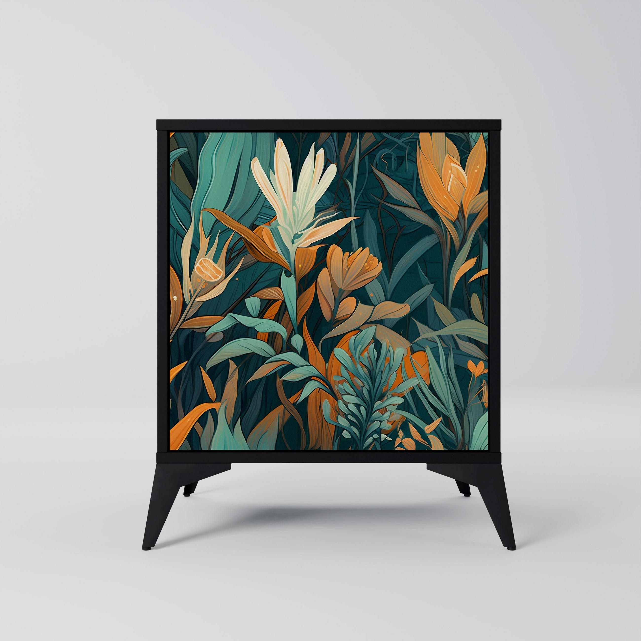 SIDEBOARD FLORAL SERENITY, Schwarz, 57,5x42x70,5 cm, Schwarze Metall-Sternfüße - Multicolor/Schwarz, Holzwerkstoff/Metall (57.5/70.5/42cm) - SpaceRebels