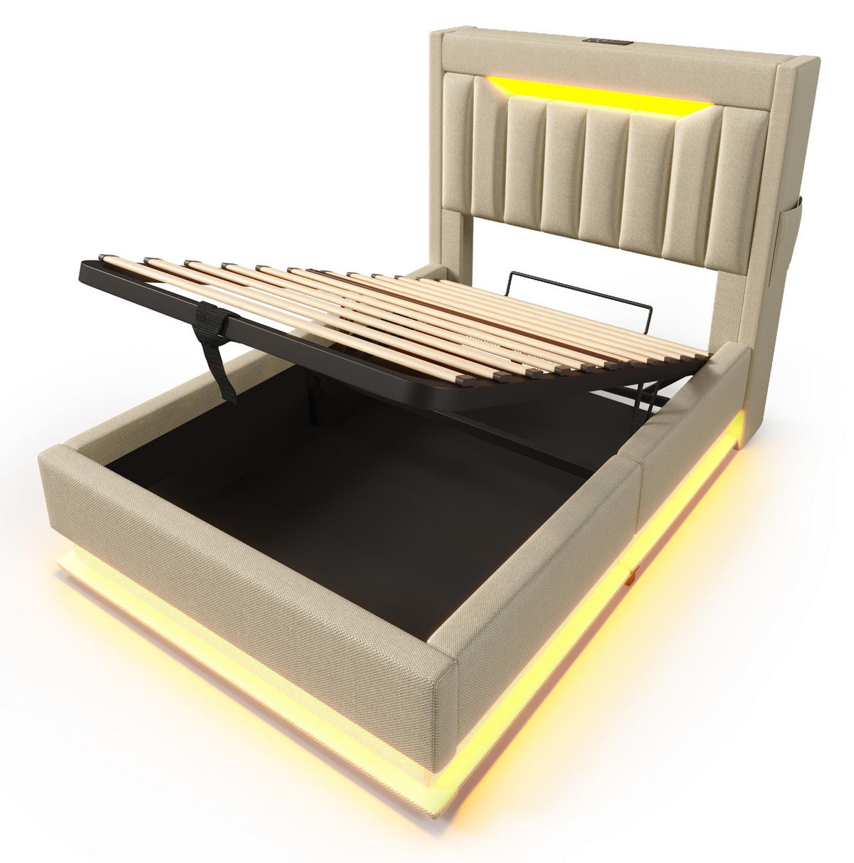 BETT mit Stauraum und LED 90x200 cm Leinen Beige - Beige, Metall (90/200cm) - Beauniv