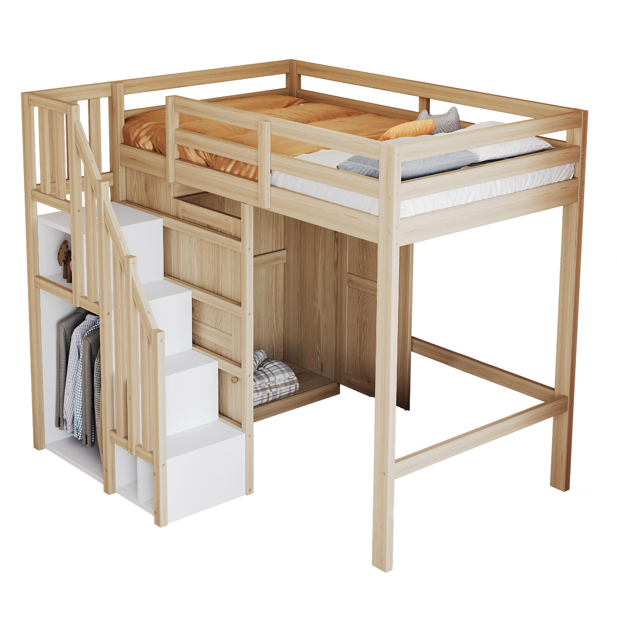 HOCHBETT 90/200 cm in Naturfarbe mit Kleiderschrank und Stauraumtreppe - Naturfarben, Holzwerkstoff (90/200cm) - Flora Grace