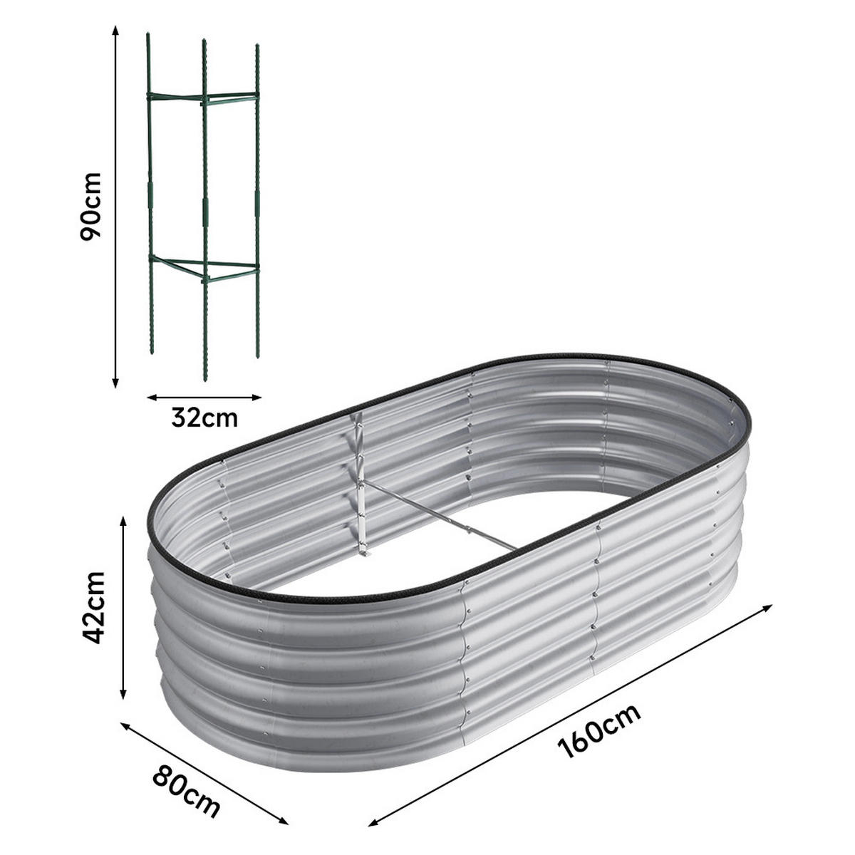 HOCHBEET-PFLANZKASTEN mit Pflanzenstütze aus verzinktem Stahl in verzinkten Silber Ovalen Blumenkasten Garten Balkon rostfest 160 × 80 × 42 cm - Grün, Metall (80/42/160cm) - Livingandhome