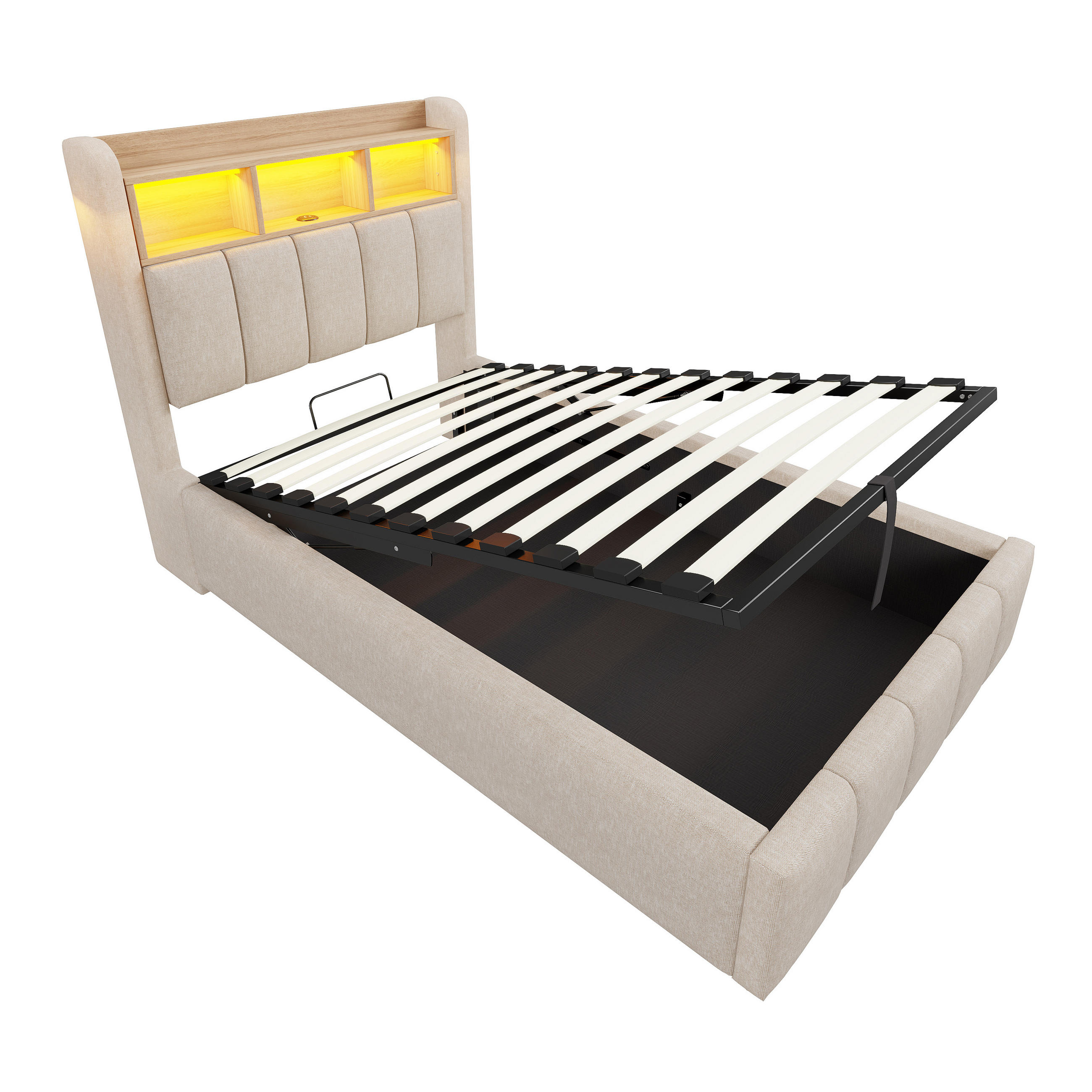 STAURRAUMBETT 90/200 cm DE-01949, in Beige, mit LED, USB und hydraulischem Stauraum - Beige, Metall (90/200cm) - ComfortXL