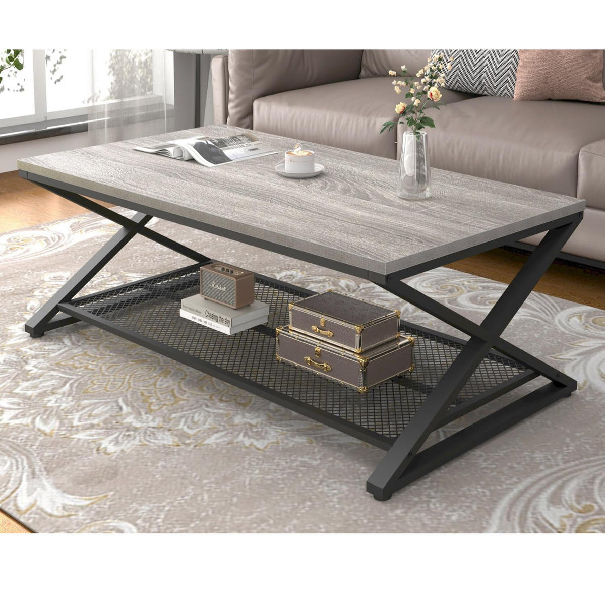 COUCHTISCH Holz Metall Industrial mit Ablage 120 x 60 x 45 cm - Hellgrau, Holzwerkstoff/Metall (60/120/45cm) - Quality Elegance