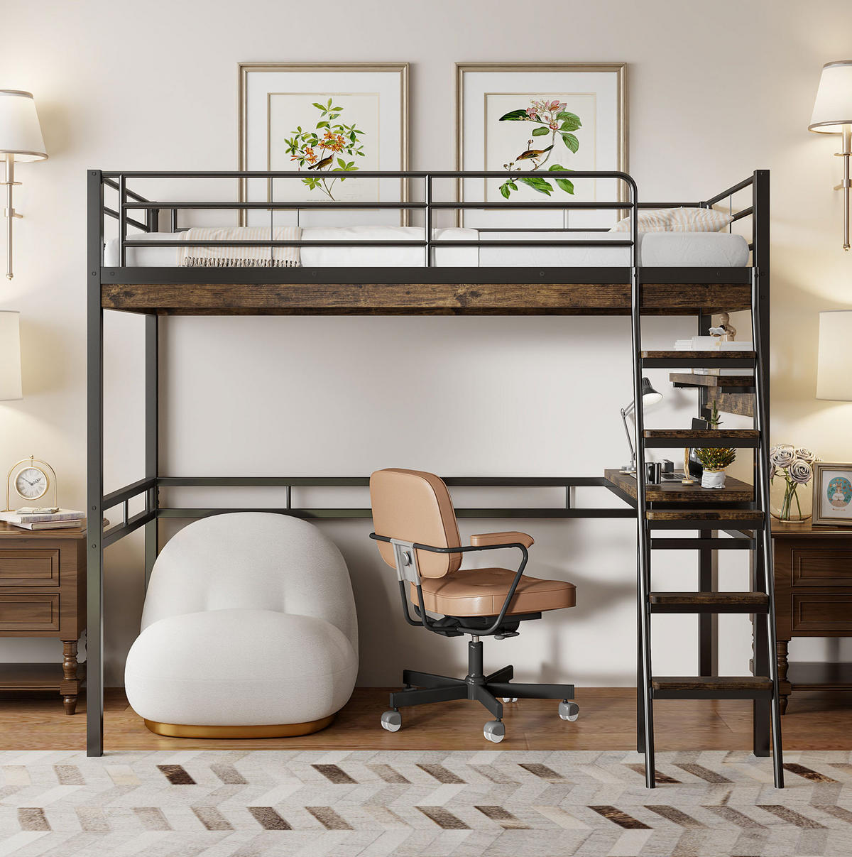 HOCHBETT 90/200 cm in Schwarz mit Schreibtisch, Regalen und Rausfallschutz - Schwarz, Metall (90/200cm) - BEAOK