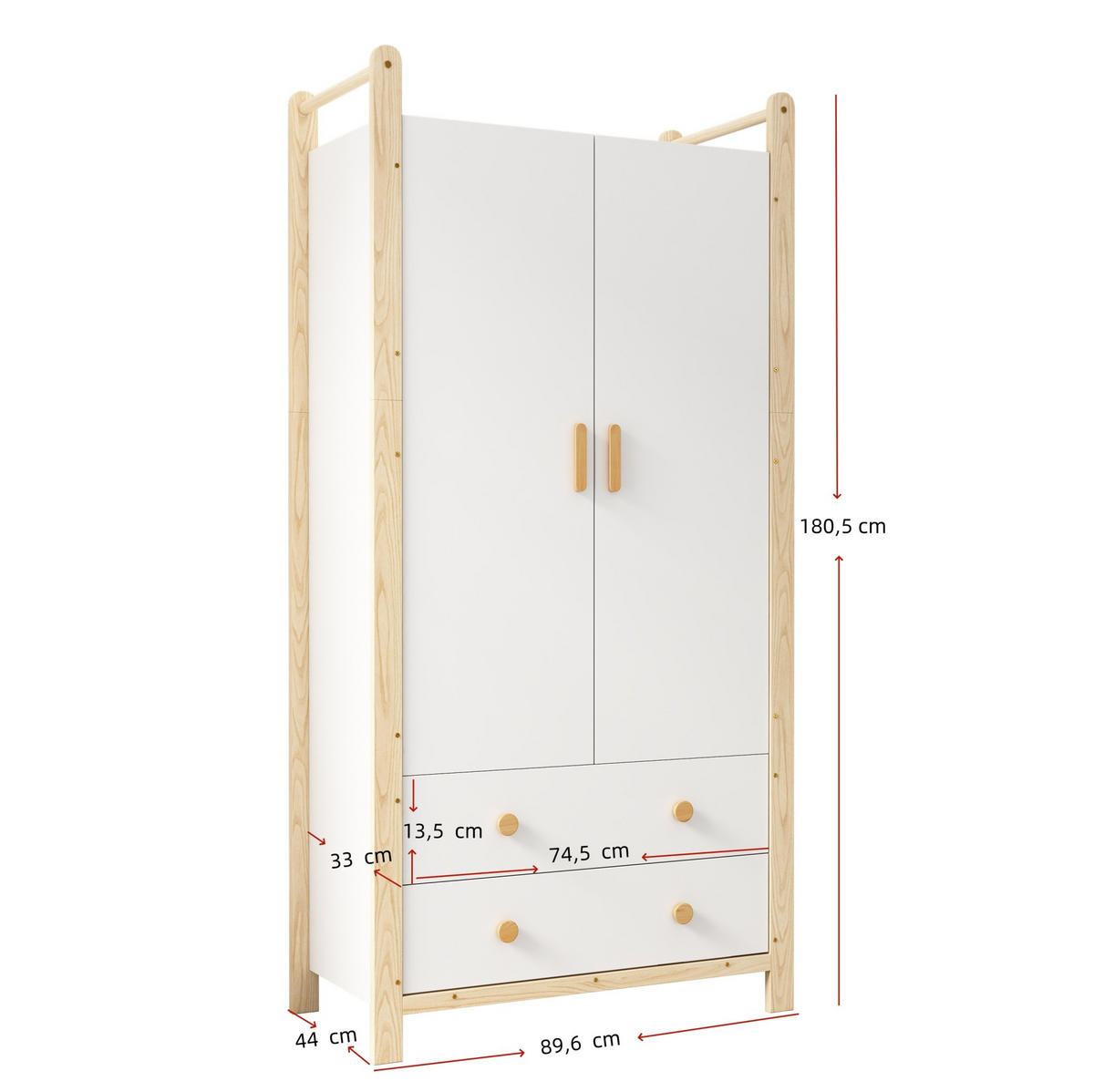 KLEIDERSCHRANK 89,6/44/180,5 cm Natur/Weiß aus Holzwerkstoff mit Kleiderstange und 2 Schubladen - Weiß, Holzwerkstoff (44/180.5/89.6cm) - OKWISH