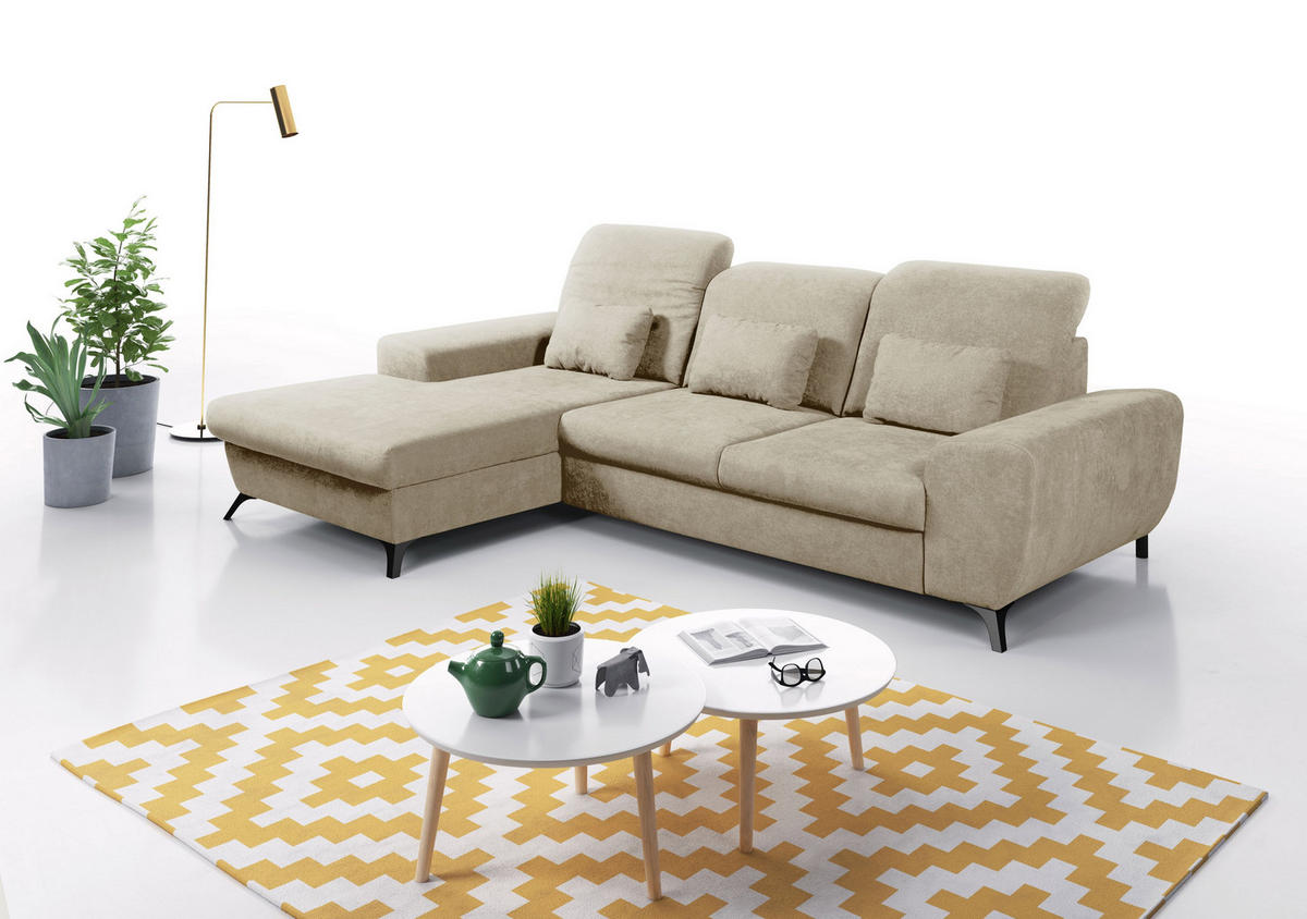 ECKSOFA LUCE L-S Beige Plüsch-Stoff mit Schlaffunktion - Beige, Holz (279/172cm) - MASSENO