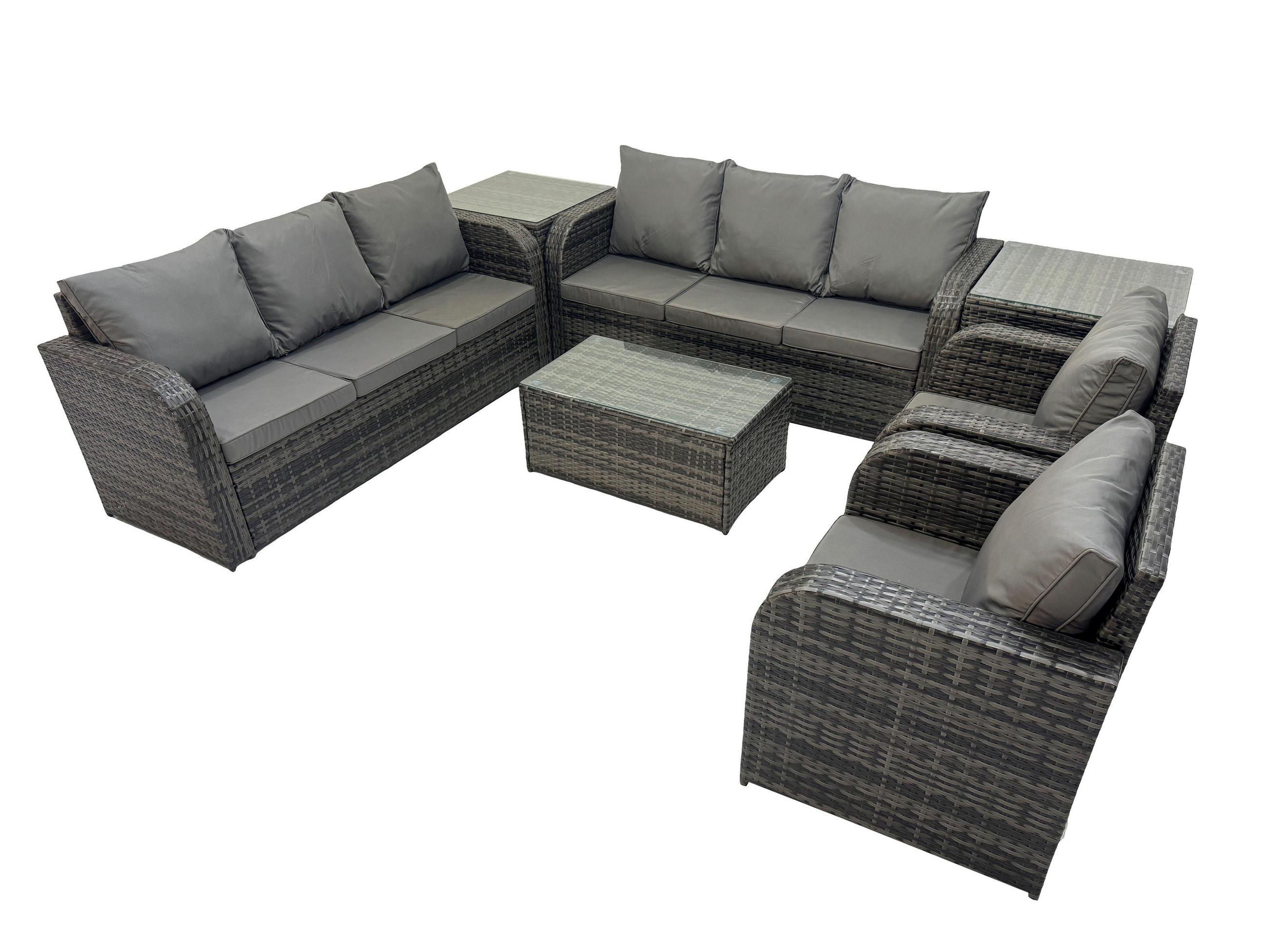 GARTENMÖBEL-SET mit Kissen Polyrattan Dunkelgrau 8-Sitzer - Dunkelgrau/Grau, Glas/Kunststoff - Fimous