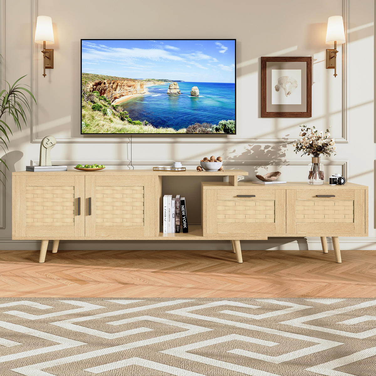 TV-SCHRANK 180x30x44 cm in Rattanoptik mit Schubladen und Türen - Naturfarben, Holz (30/44/180cm) - PARAFTA HOME