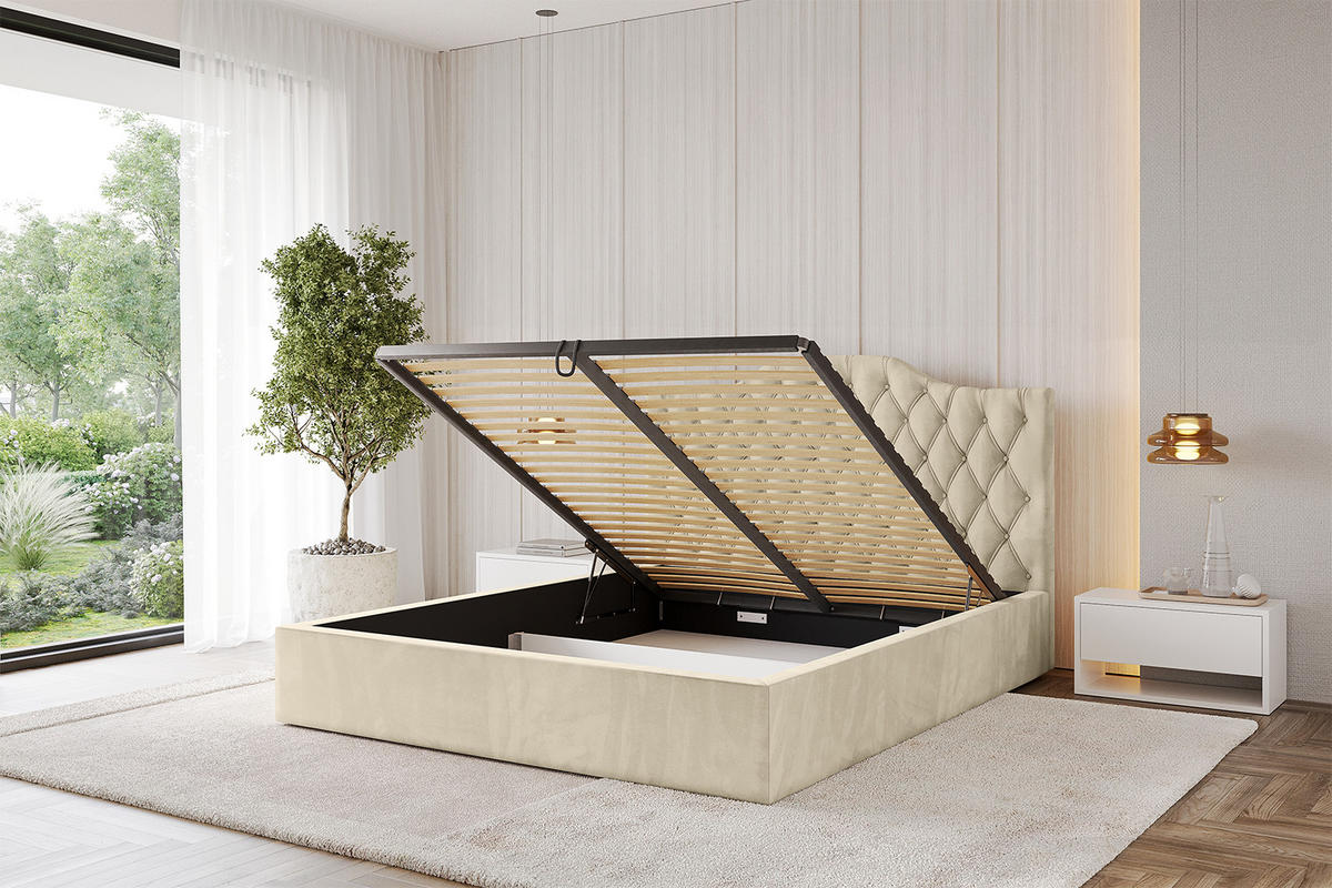 POLSTERBETT mit Bettkasten und Lattenrost, Boxbett ohne Matratze - FALIO 180x200 Beige - Ecru, Holzwerkstoff/Textil (180/200cm) - ALTDECOR