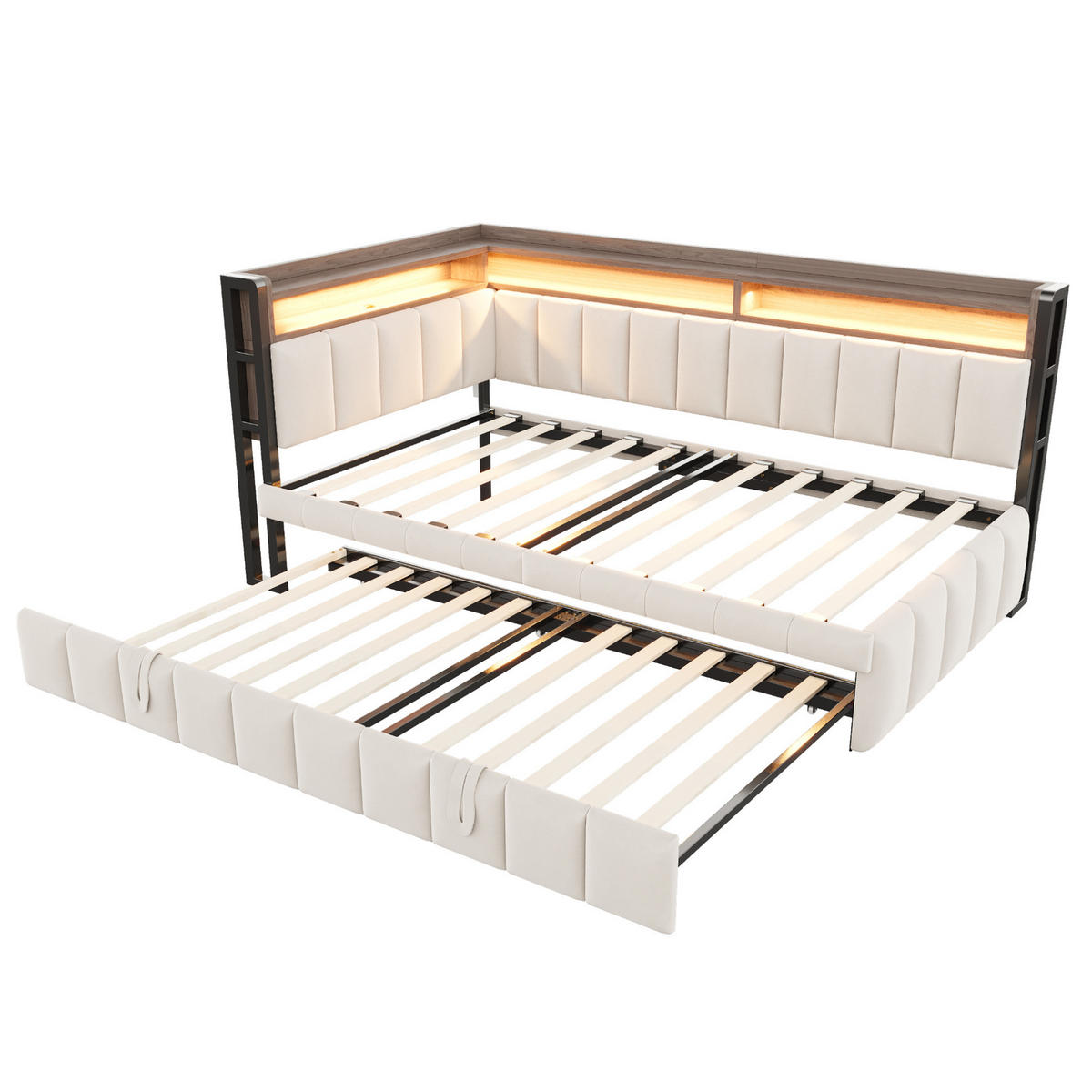 POLSTERBETT 90/200 cm aus Samtstoff mit LED, USB und Stauraum, Beige - Beige, Textil (90/200cm) - OKMYHOME