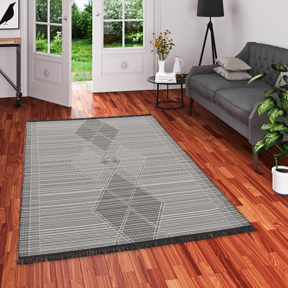 TEPPICH BEIDSEITIG ETHNO KELIM MELIERT - Schwarz/Weiß, Textil (200/290cm) - Pergamon