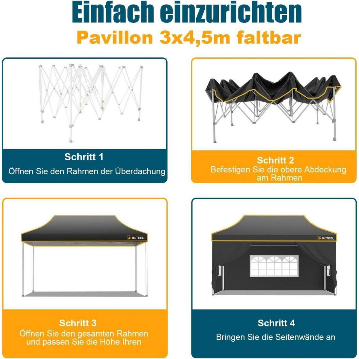 FALTPAVILLON 3x4,5m Schwarz Wasserdicht Stabil Sechskant-Gestell - Schwarz, Textil (300/342/450cm)