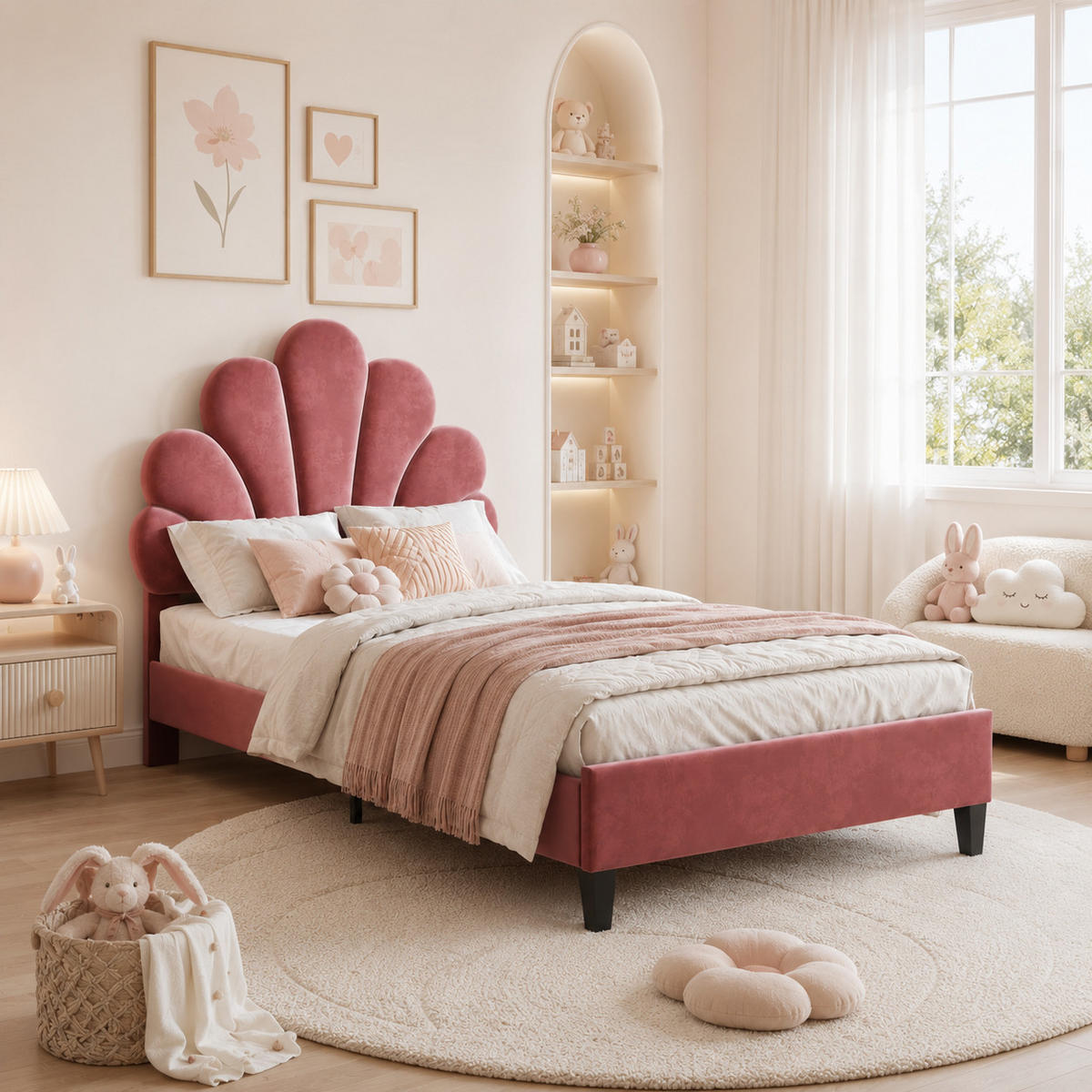 KINDERBETT 90/200 Samt Polsterbett Muschel Kopfteil Jugendbett Rosa - Hellrot, Metall (90/200cm) - Joyfair