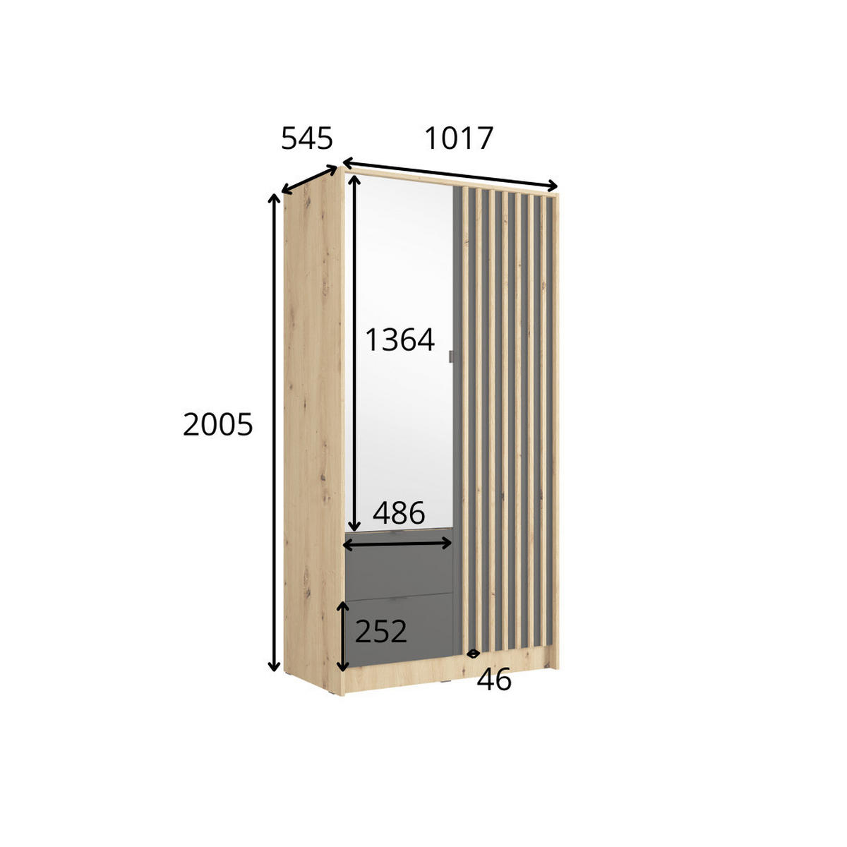 KLEIDERSCHRANK KAVORA 15 - 101,7×200,5×54,5 cm mit 2 Türen & 2 Schubladen Schwarz Onyx - Schwarz, Holz/Holzwerkstoff (101.7/200.5/54.4cm) - Milaros Markt