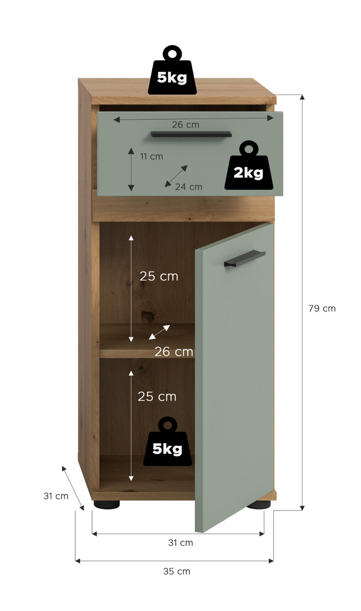KOMMODE Salbei grün, Eiche Artisan 35 x 79 cm, Badschrank in modernem Design - Salbeigrün/Schwarz, Holzwerkstoff/Kunststoff (35/79/31cm) - Inn.Furn