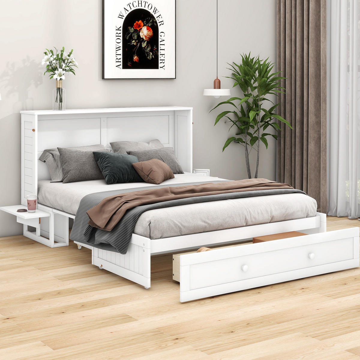 BETT 140/200 cm Weiß aus Kiefernholz und MDF mit Schublade und Regalen - Weiß, Holz (140/200cm) - OKMYHOME