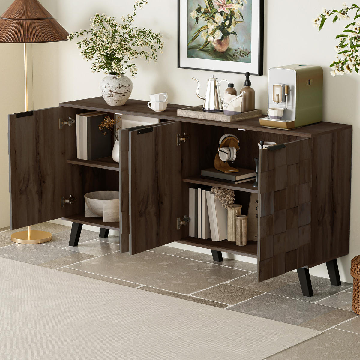 SIDEBOARD 160cm 4 Türen dunkle Holzmaserung modern - Walnussfarben, Holzwerkstoff (35.5/78/160.5cm) - FLIEKS