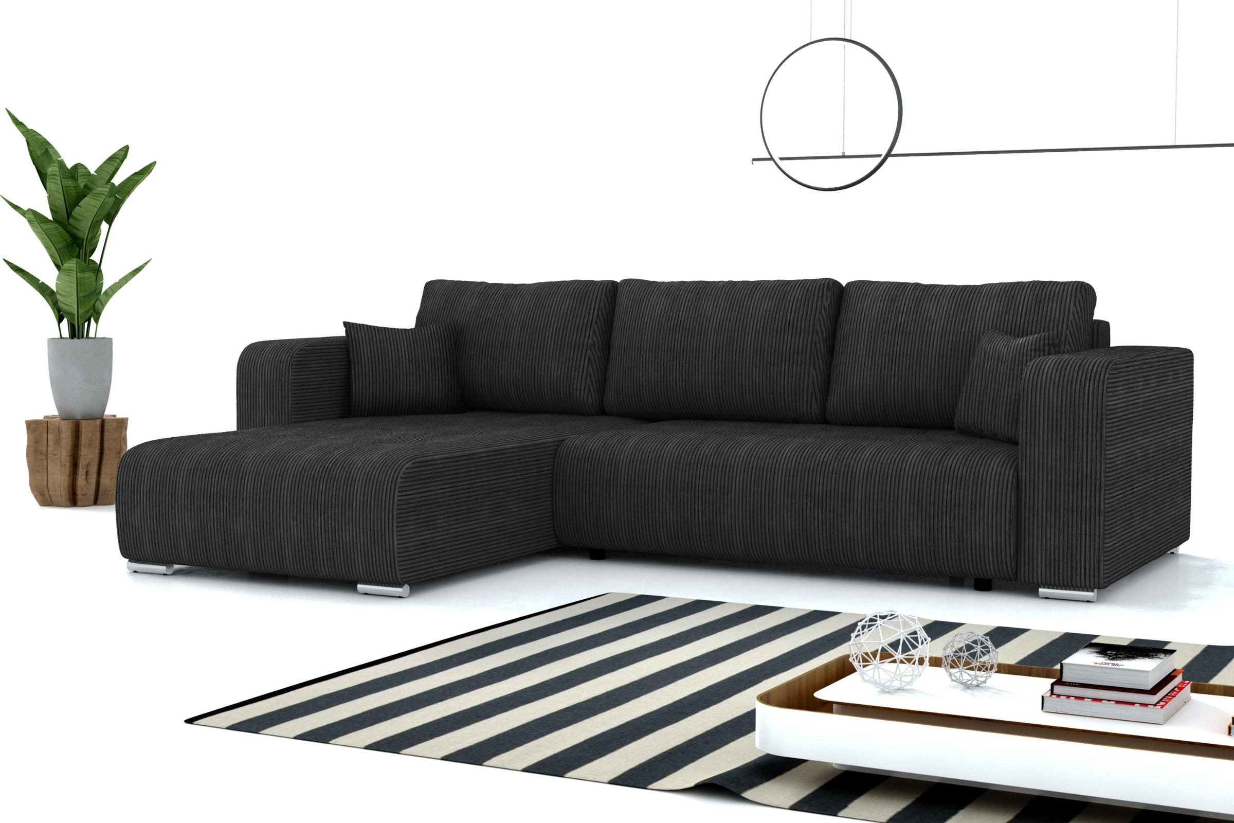 ECKSOFA CARACAS 288/185 in Cord Schwarz mit Schlaffunktion links - Schwarz, Holz/Holzwerkstoff (288/185cm) - Deine Möbel 24