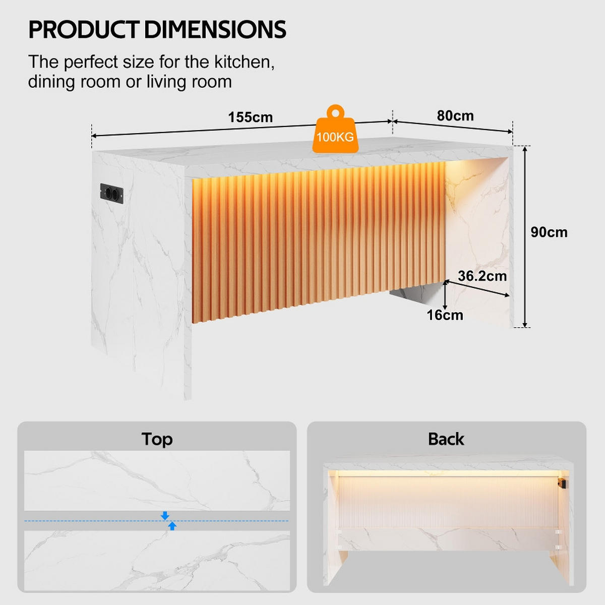 KÜCHENINSEL mit Steckdosen und USB, Weiße Marmoroptik, LED-Beleuchtung, MDF, 155/80/90 cm - Weiß, Kunststoff (80/90/155cm) - Rolipo