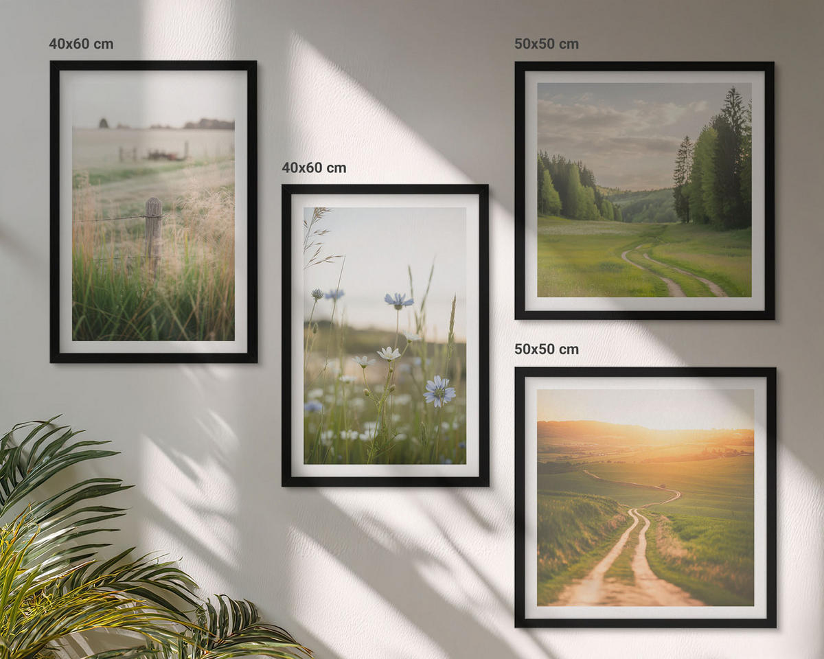BILDER SET 4er Set - 50x50 cm & 40x60 cm Schwarzer Rahmen - Landschaften Natur Felder Sonne - Schwarz, Kunststoff (50/50cm) - TULUP