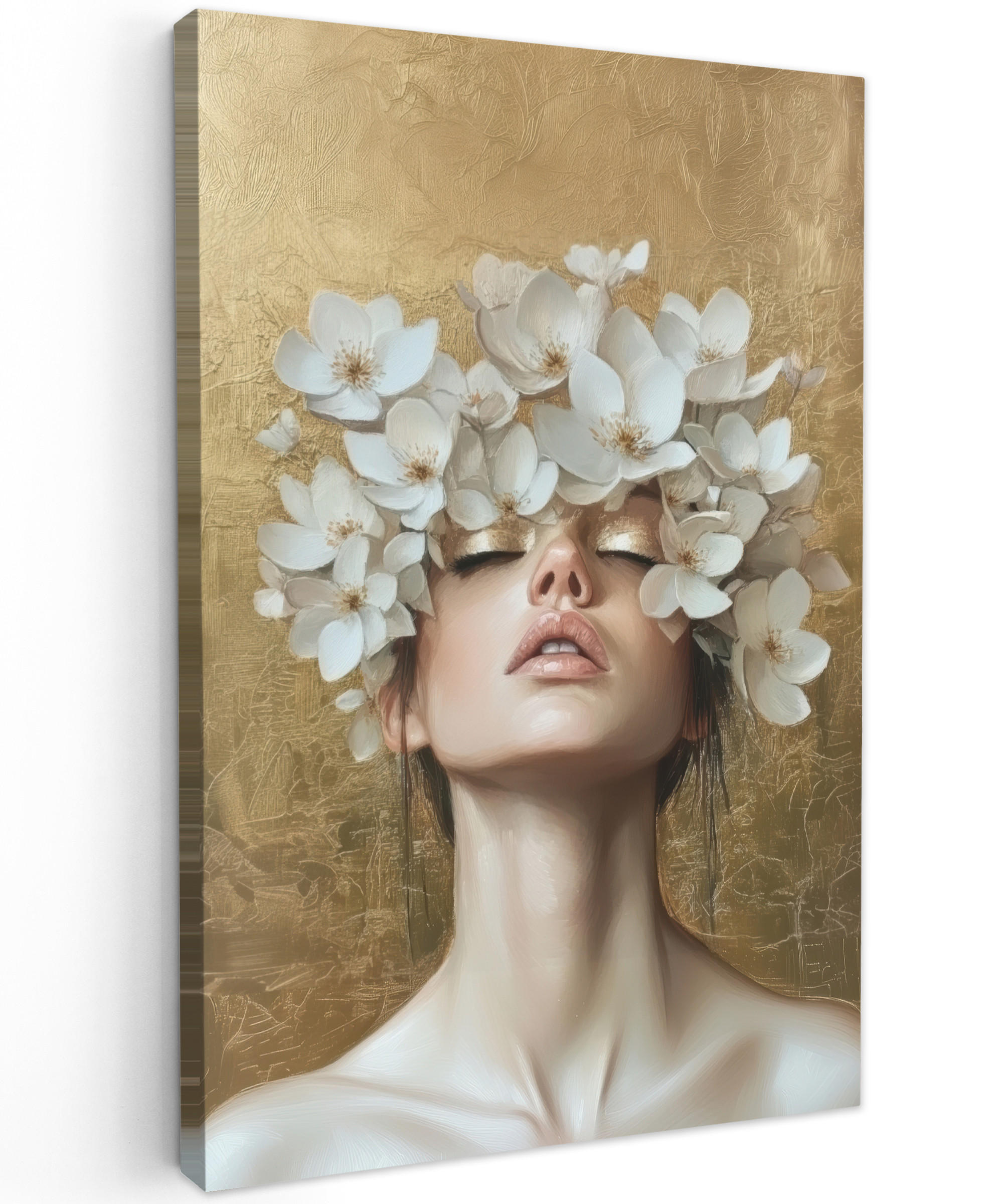 LEINWANDBILD Gesicht - Blumen - Gold - Abstrakt Deko Groß 90x140 cm - Goldfarben, Textil (90/140cm) - MuchoWow