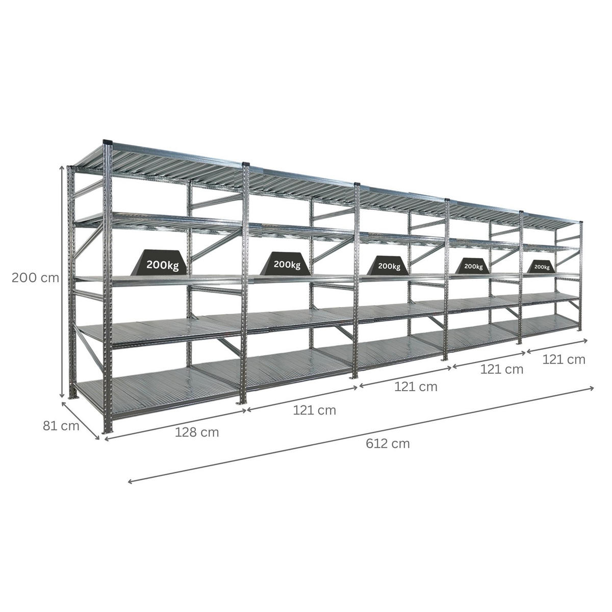 FACHBODENREGAL Proximo Stecksystem 200x600x80cm 5 Ebenen Fachlast 200 kg Beidseitig nutzbar Verzinkt - Silberfarben, Metall (600/200/80cm) - PROREGAL