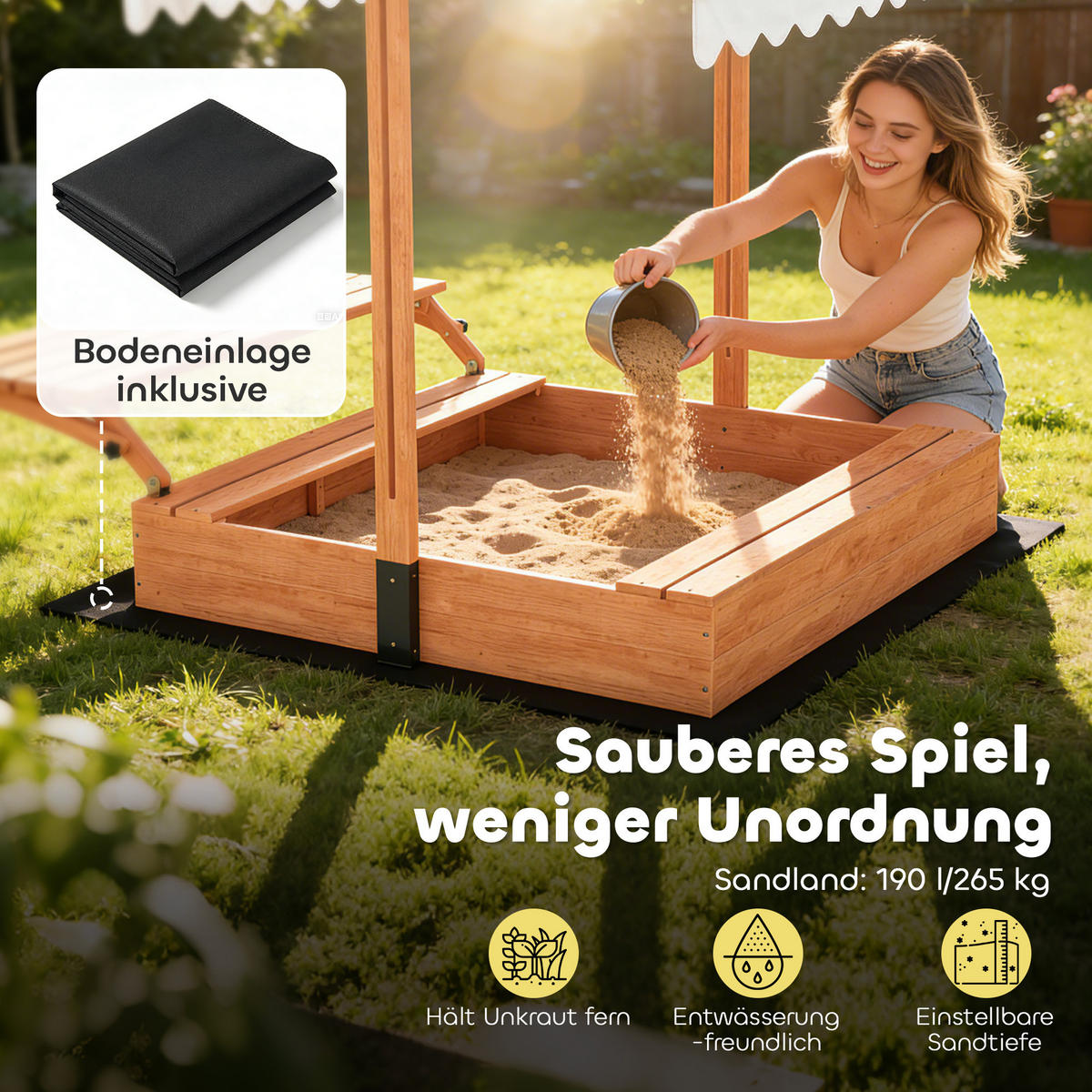 SANDKASTEN Tannenholz Polyester Braun - Braun, Holz (184/110/120cm) - AIYAPLAY