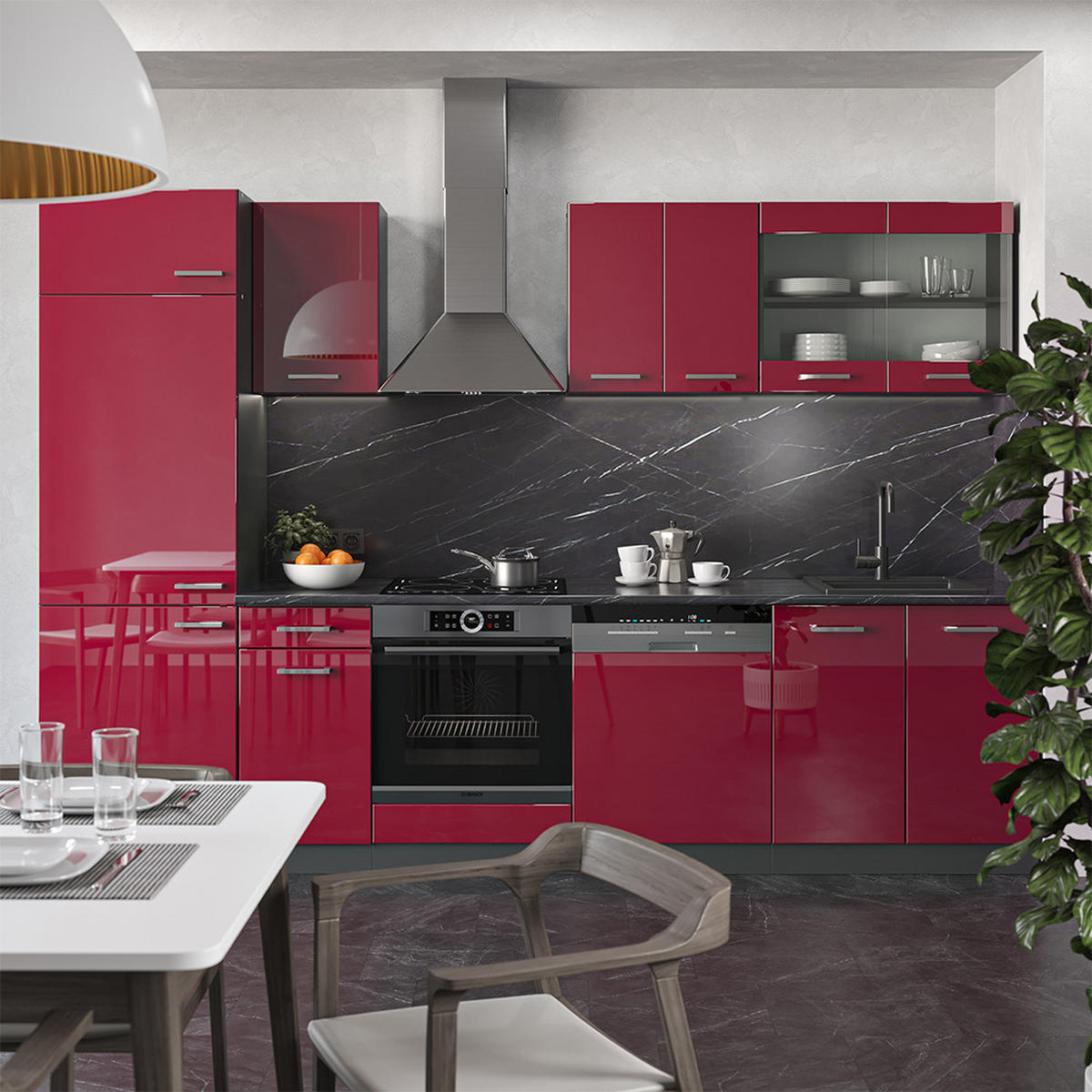 KÜCHENZEILE R-Line Rot Hochglanz/Anthrazit 300 cm, AP Eiche - Bordeaux/Anthrazit, Holzwerkstoff (300/81.6/60cm) - Vicco