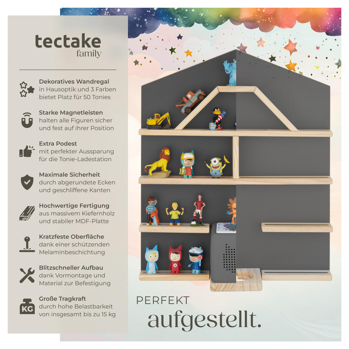 WANDREGAL Mylittle Story,50 x 15,5 x 60 cm,anthrazit - Anthrazit, Holz (50/60/15.5cm) - tectake