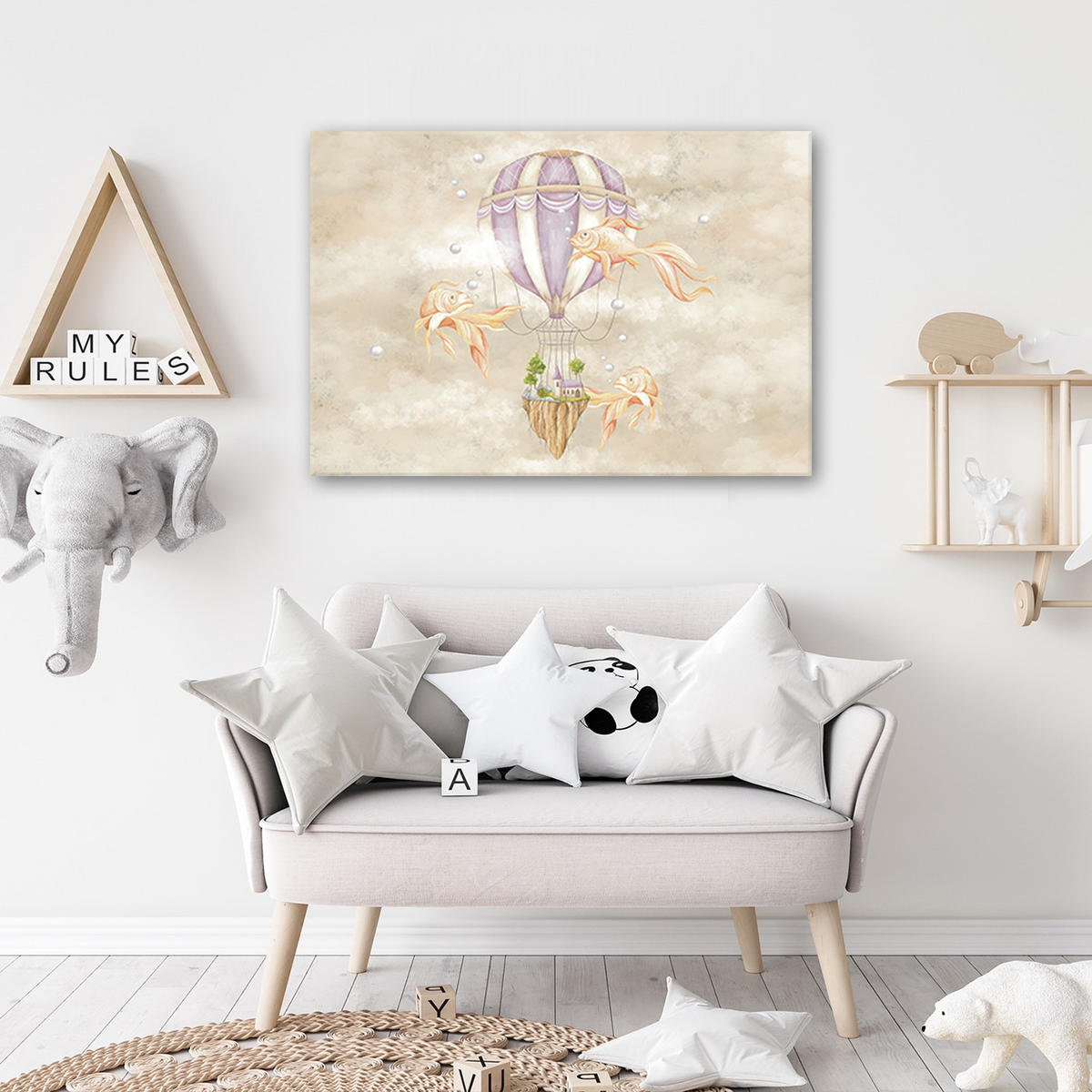 LEINWANDBILD Heißluftballon fliegendes Haus und Fisch 60x40cm - Beige, Textil (60/40cm) - Feeby