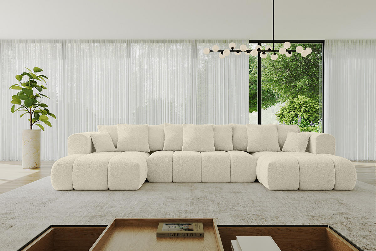 WOHNLANDSCHAFT Ottomane Links CLOUD-U-v1 414x180x40 Beige Bouclé - Beige, Holzwerkstoff/Kunststoff (414/90/180cm) - ALTDECOR