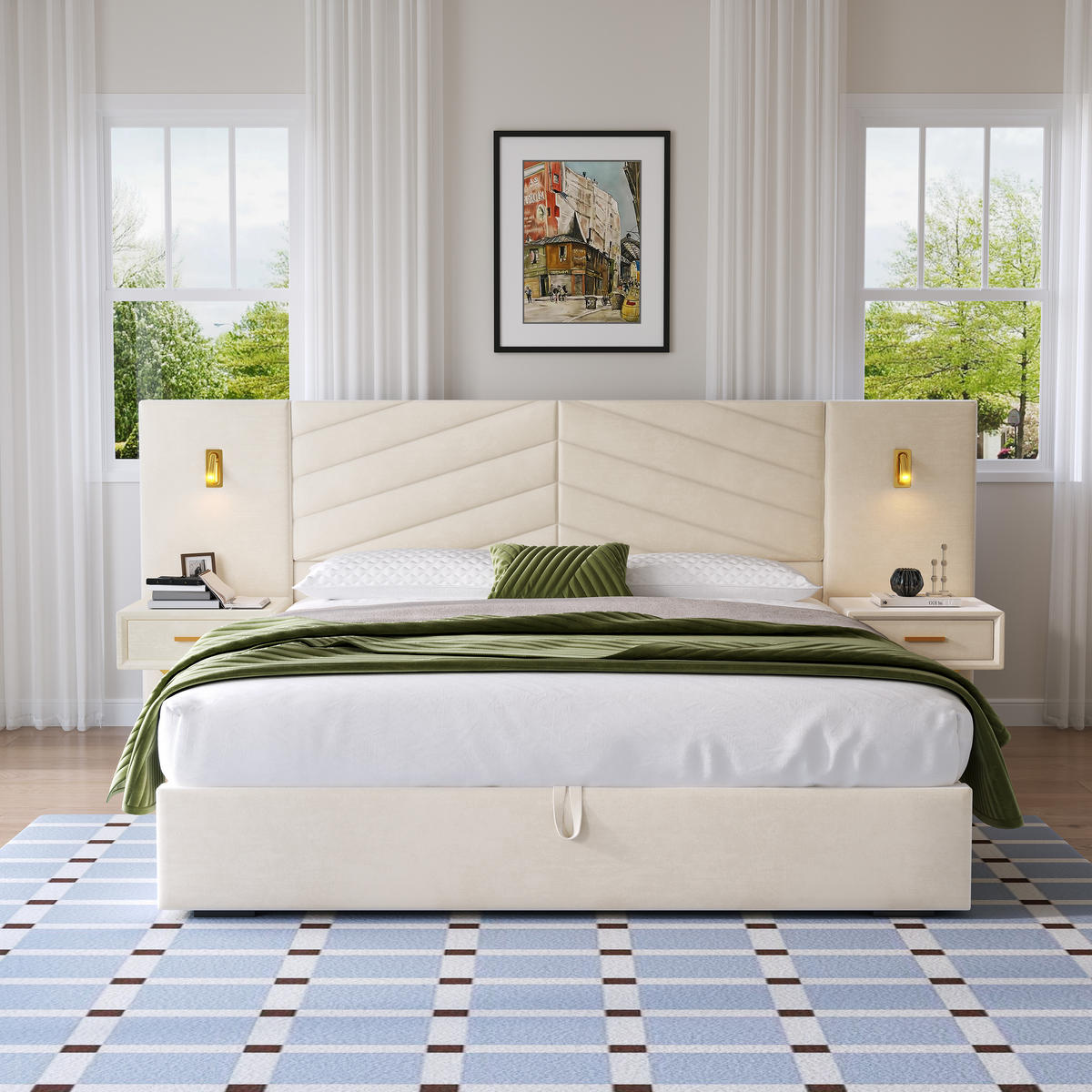 POLSTERBETT 160/200 cm Beige-Weiß mit 2 Bettbänke und 2 LED-Leuchten - Weiß, Holz (160/200cm) - Oxeza