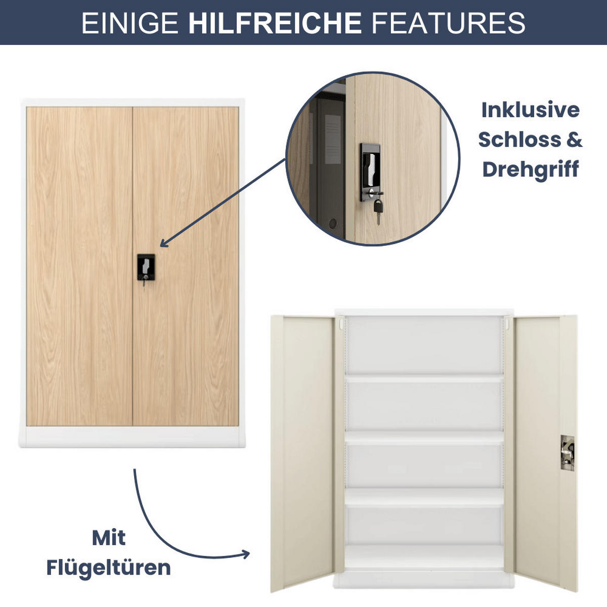 AKTENSCHRANK abschließbar KADO mit Flügeltüren 140x90x40cm Weiß-Sonoma Eiche - Weiß, Metall (90/140/40cm) - DELUKE