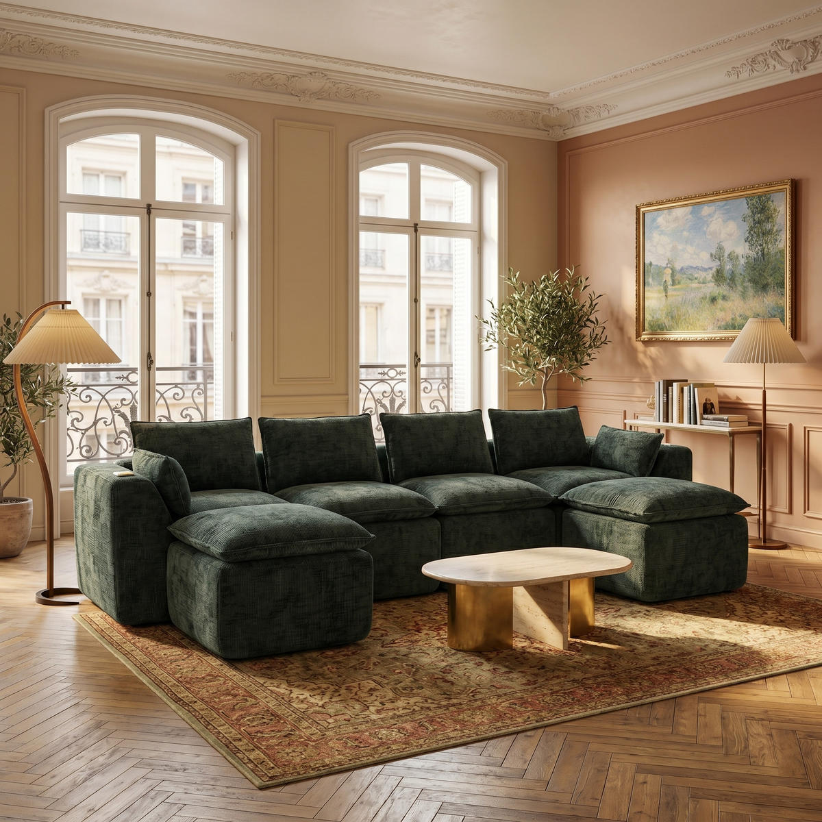 4-SITZER-SOFA aus Chenille, modular mit 2 Fußhockern und Getränkehaltern - Grün, Textil (322/75/161cm) - Urban Meuble