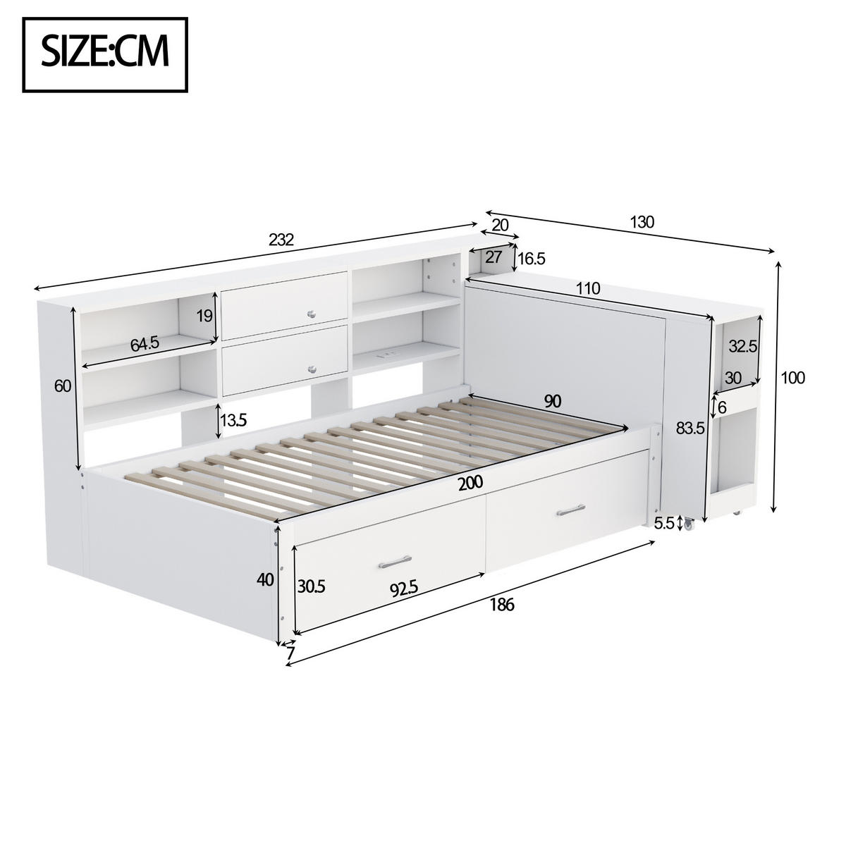 MULTIFUNKTIONSBETT aus Holz 90x200 cm Weiß mit Stauraum, ausziehbarem Schreibtisch, USB-Anschlüssen und Steckdose - Weiß, Holzwerkstoff (90/200cm) - Modfu