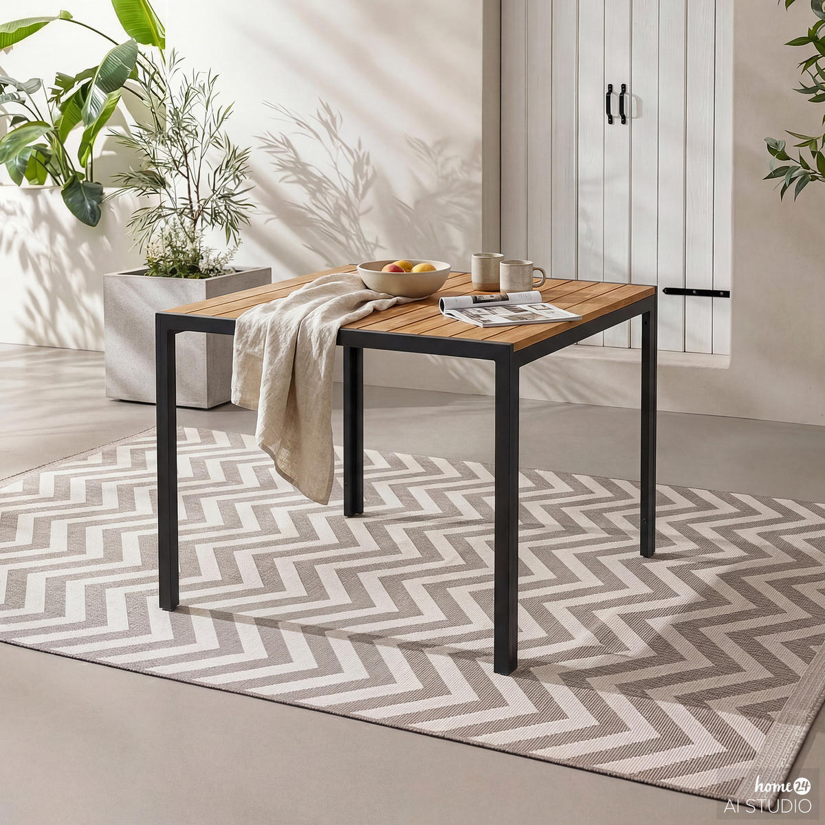 GARTENTISCH - Akazie massiv / Aluminium - Schwarz/Braun, Holz (100/100/73cm) - home24