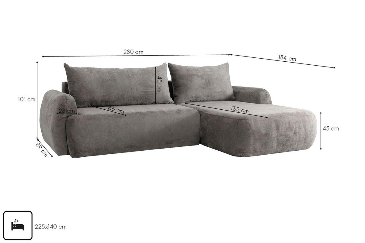 ECKSOFA Mit Schlaffunktion Und Bettkasten, Chenille-Stoff Perfecto, Grau, Rechts, HELA II - Grau, Holz (280/184cm) - Kaiser Möbel