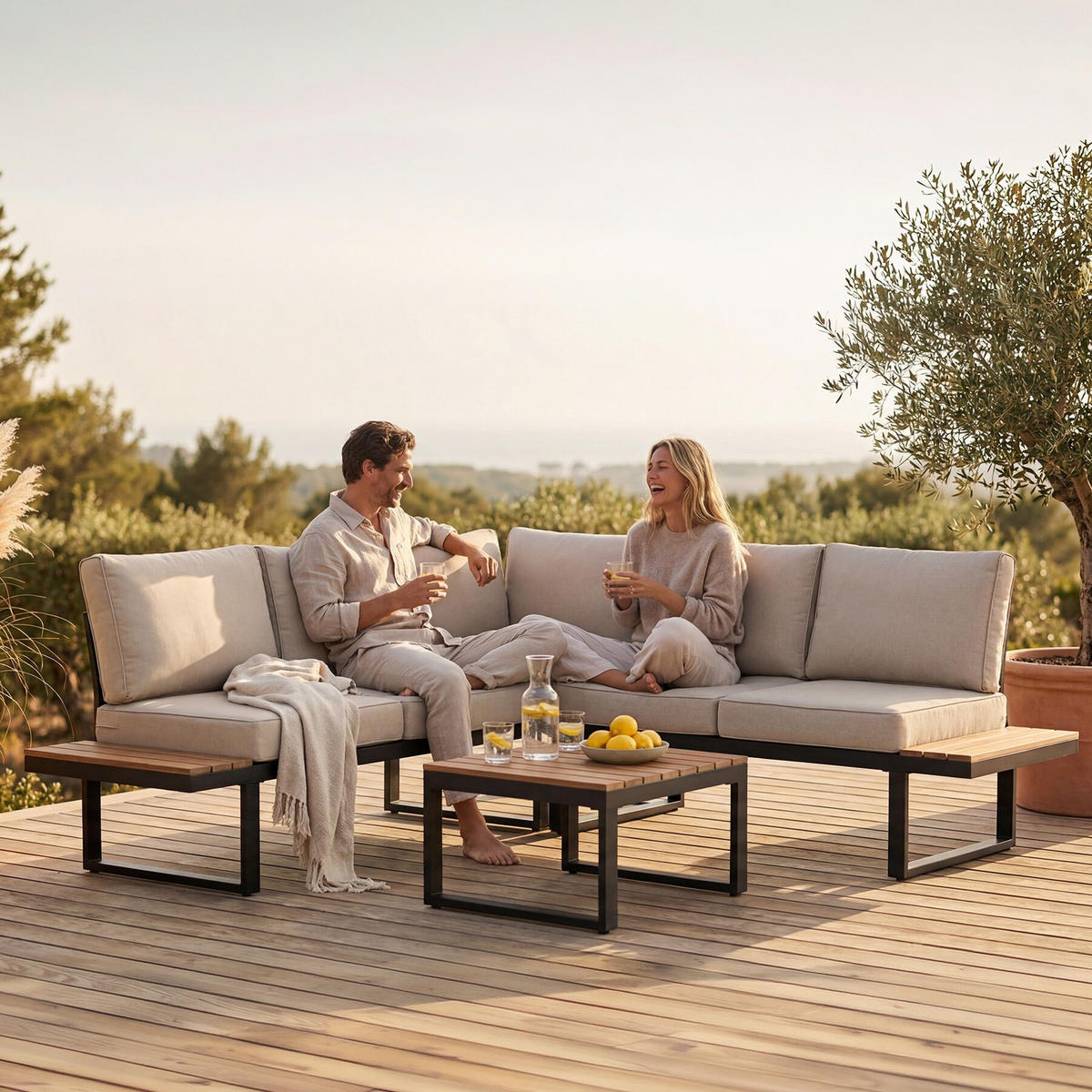 GARTEN-LOUNGE-SET aus Aluminium Eliar, höhenverstellbare Ausgleichsschrauben, schwarz - Schwarz, Kunststoff - tectake