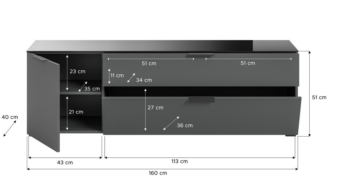 TV-LOWBOARD grau 160 c, mit Glasauflage und Soft-Close - Dunkelgrau/Grau, Glas/Holzwerkstoff (160/51/40cm) - Inn.Furn