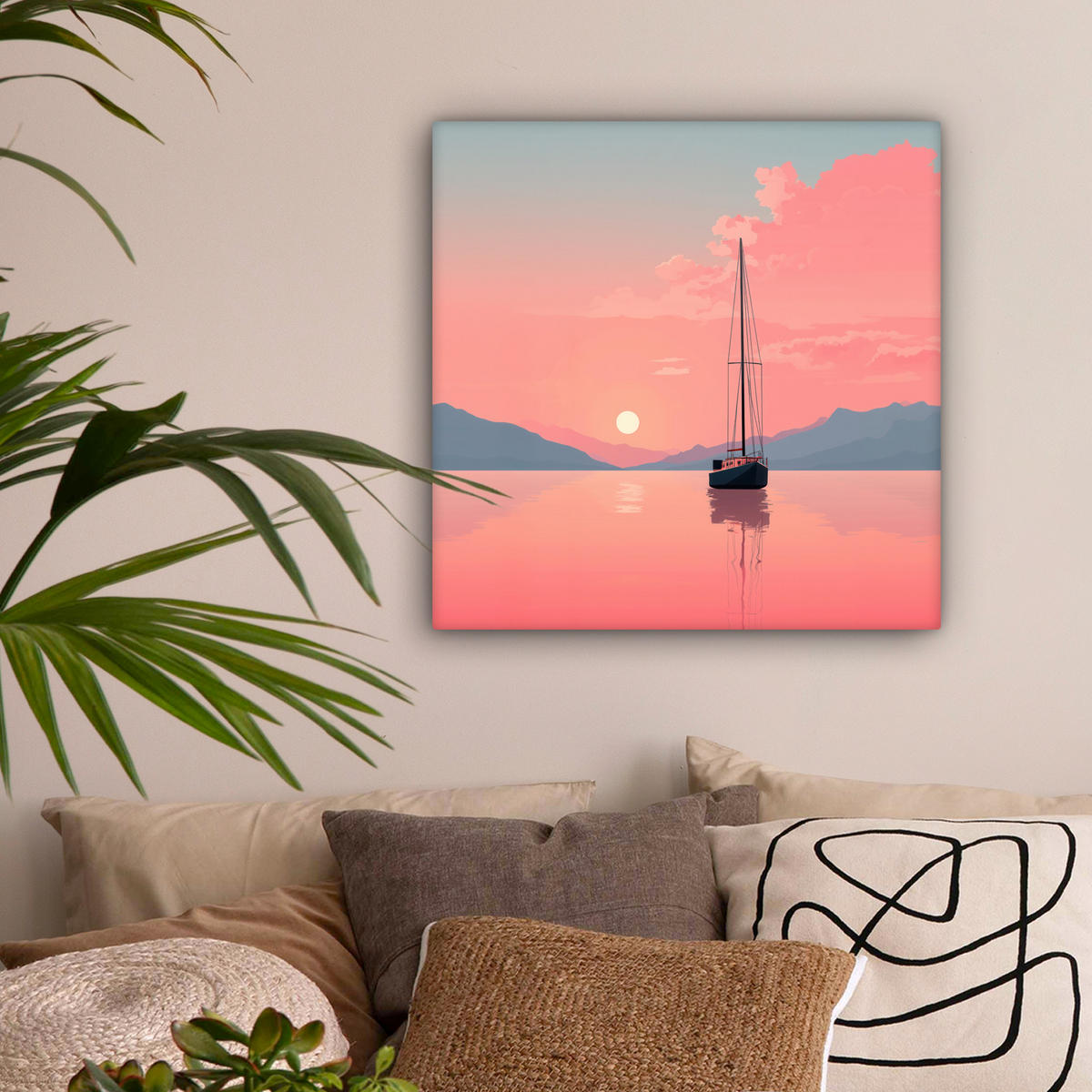 LEINWANDBILD Segelboot - Rosa Meer - Sonnenuntergang - Berge Wandbild Wohnzimmer 50x50 cm - Rosa, Textil (50/50cm) - MuchoWow