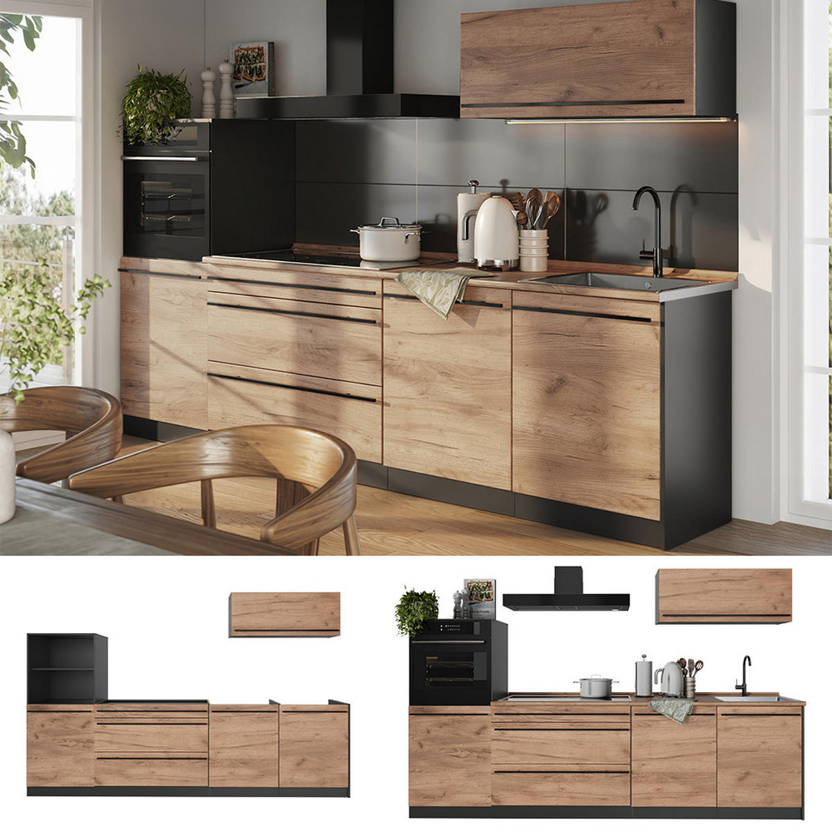 KÜCHENZEILE R-Line, Goldkraft Eiche/Anthrazit, 280 cm Arbeitsplatte Goldkraft Eiche - Honigeiche/Anthrazit, Holzwerkstoff (280/143/60cm) - Vicco
