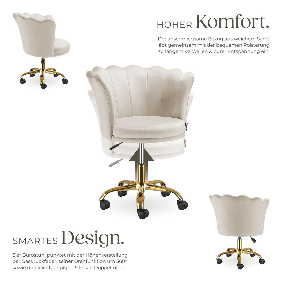 DREHSTUHL Stella,65 x 64 x 78 - 88 cm, Belastbarkeit 120 kg,creme/gold - Goldfarben/Creme, Kunststoff (64/88/65cm) - tectake