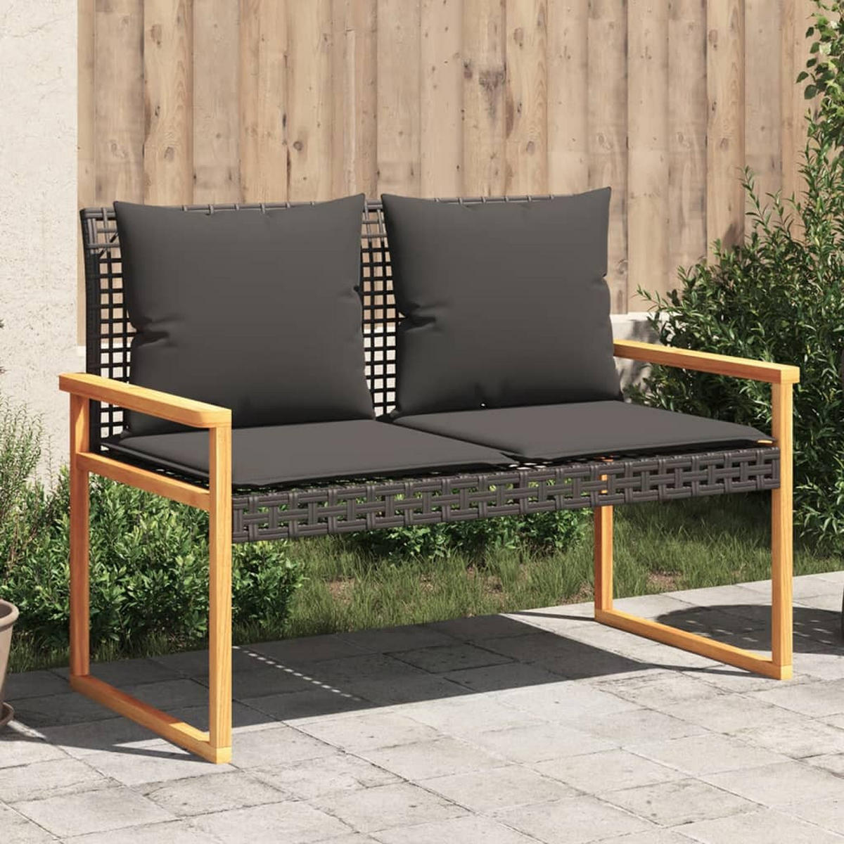 GARTENBANK mit Kissen Schwarz Poly Rattan Akazienholz - Schwarz, Kunststoff (119/79/61cm) - furnicato